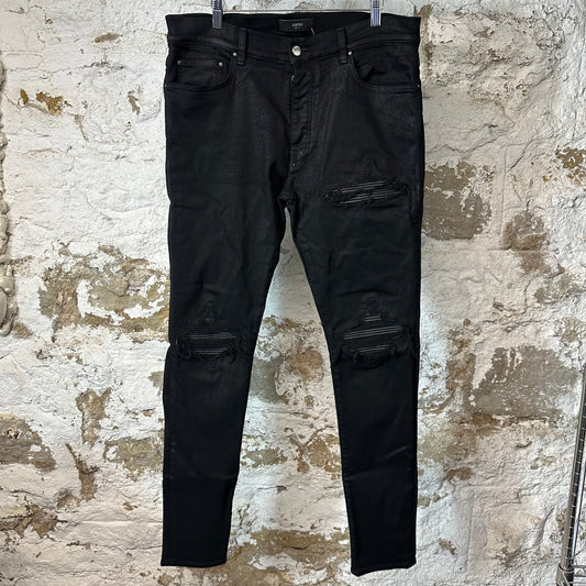 Amiri MX1 Black Leather Black Waxed Denim Jeans Sz 36