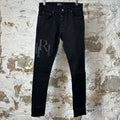 Amiri Black Leather Stagger Black Waxed Denim Jeans Sz 29