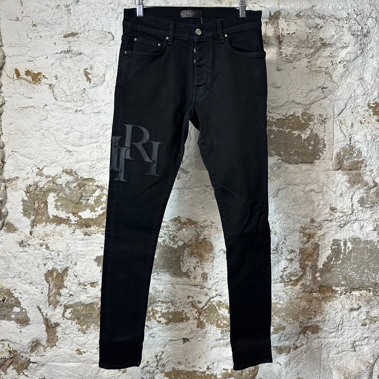 Amiri Black Leather Stagger Black Waxed Denim Jeans Sz 29