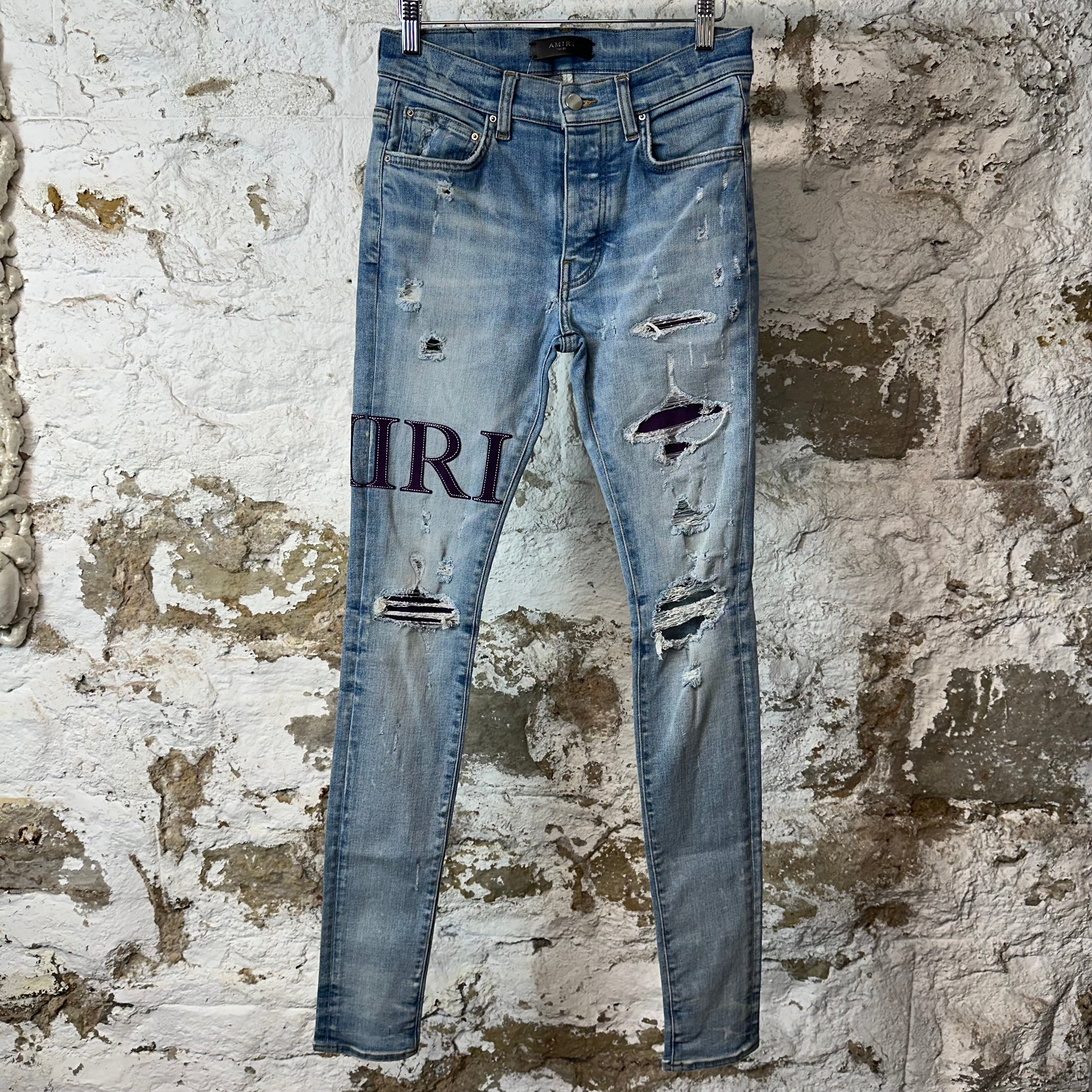 Amiri Purple Suede Spell Blue Denim Jeans Sz 29