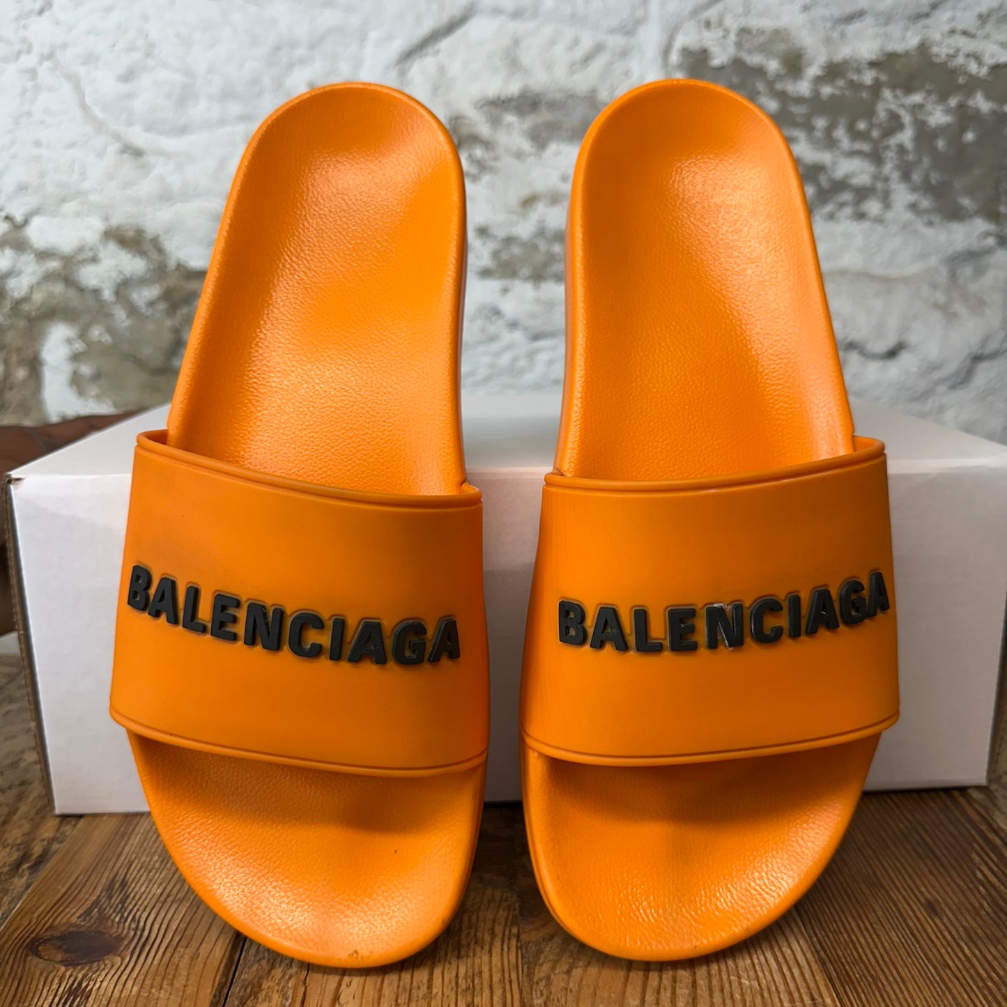 Balenciaga Black Spellout Orange Pool Slides Sz 9
