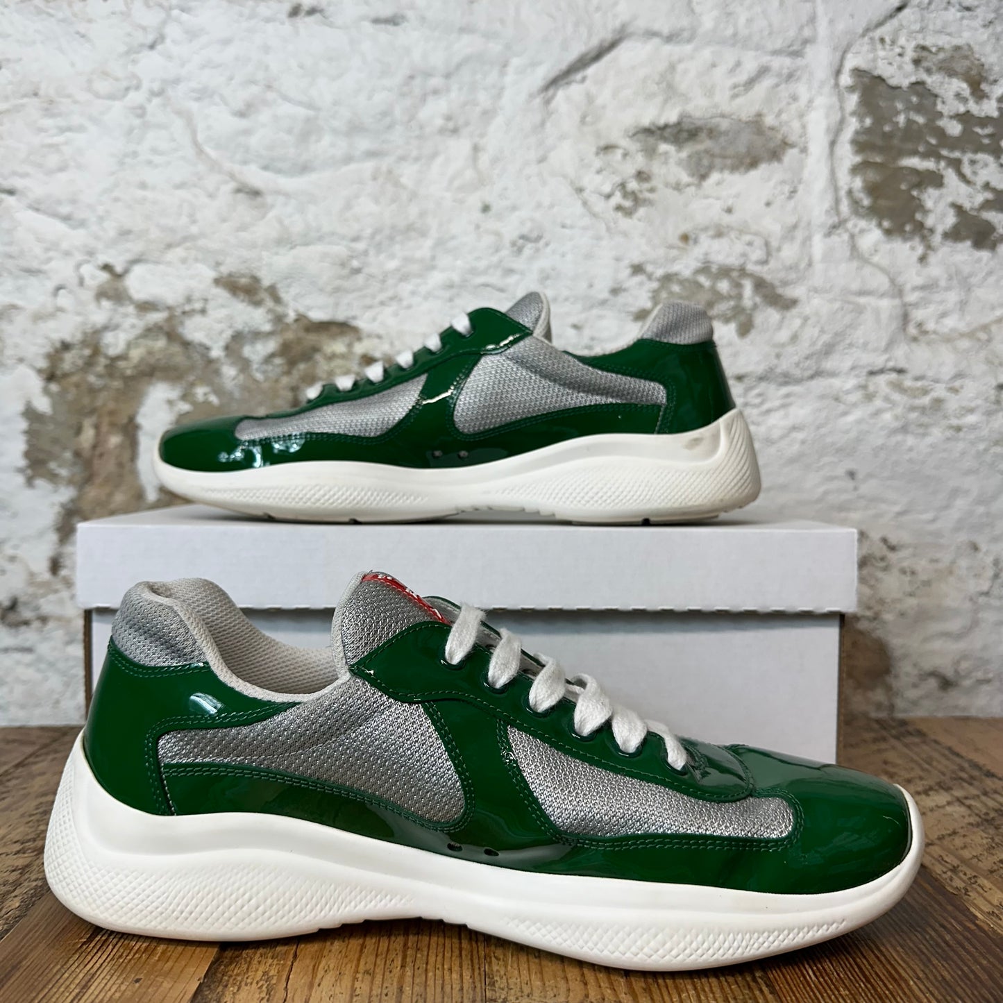 Prada Americas Cup Green Patent Gray White Sneaker Sz 8.5