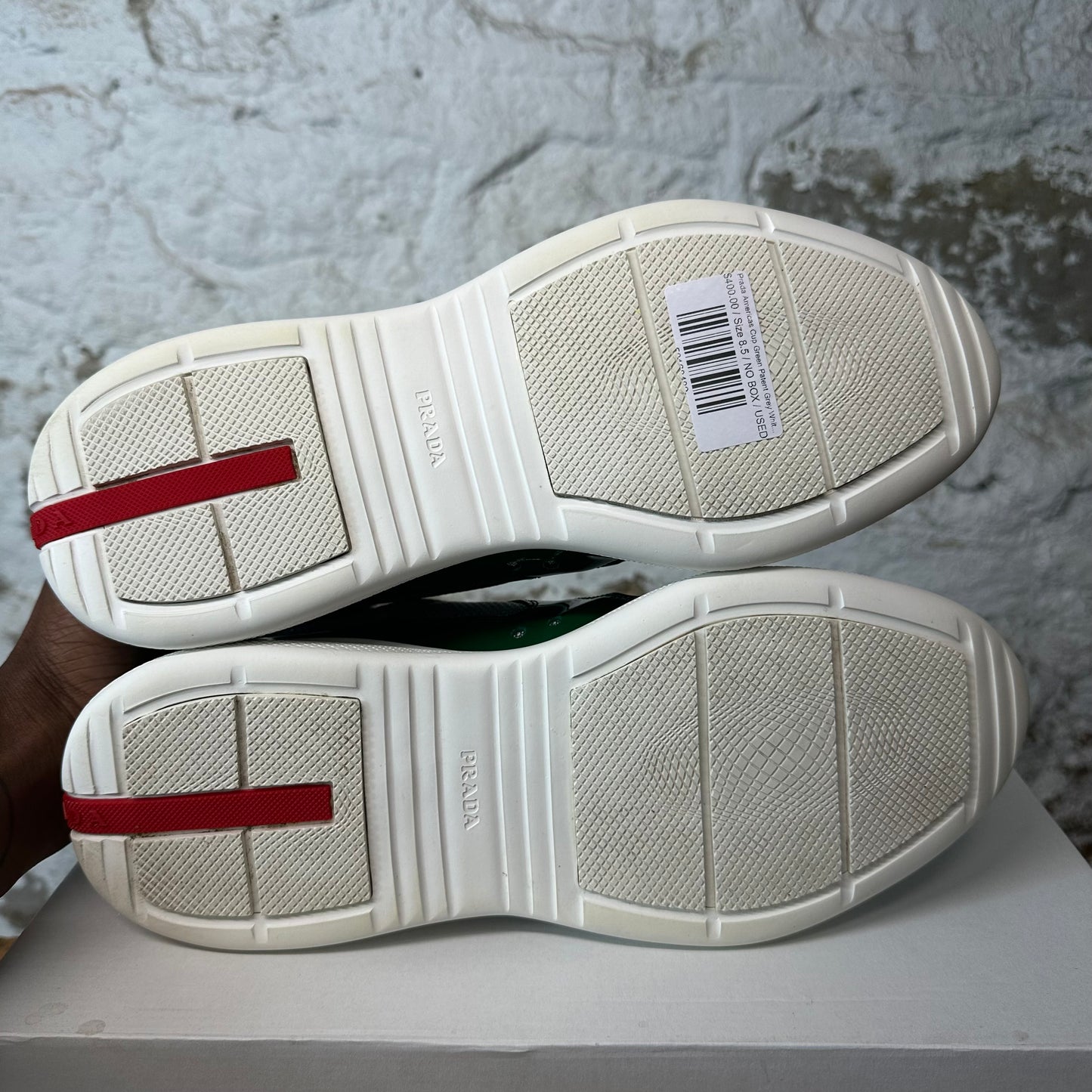 Prada Americas Cup Green Patent Grey White Sneaker Sz 8.5
