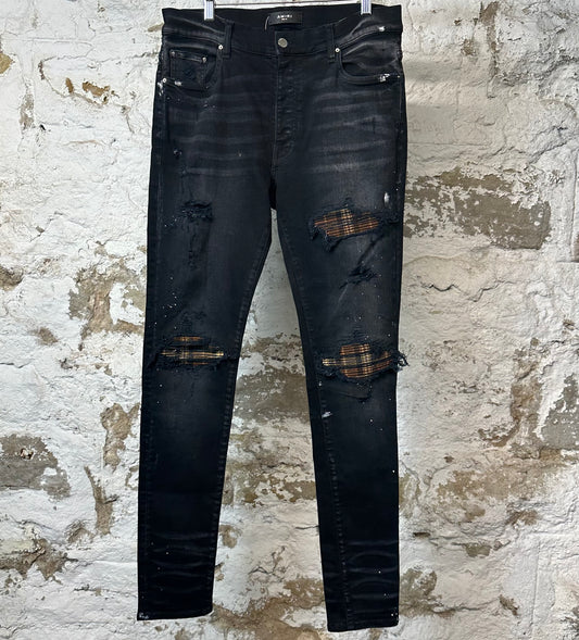 Amiri MX1 Brown Plaid Black Denim Jeans Sz 34
