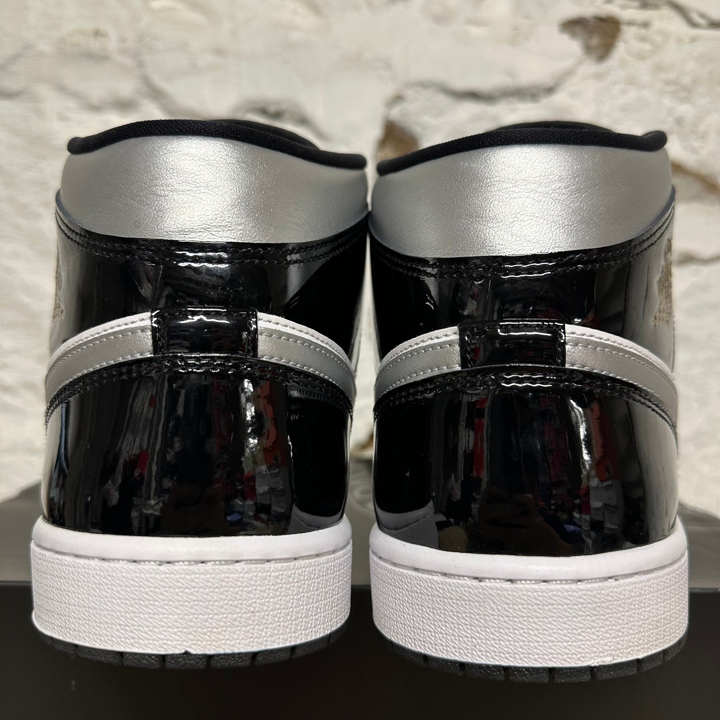 Air Jordan 1 Mid Patent Black Silver Sz 15