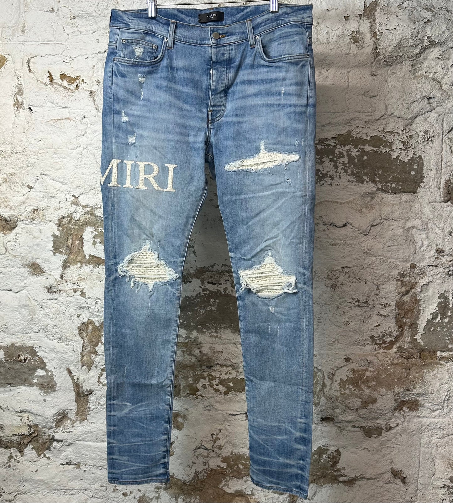 Amiri MX1 Cream Glitter Spell Blue Denim Jeans Sz 36