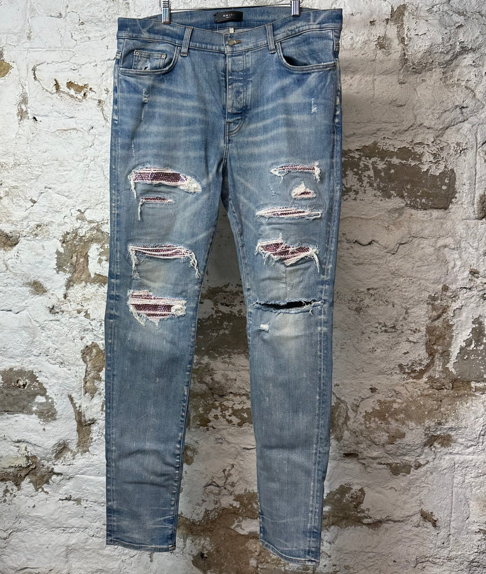 Amiri MX1 Pink Crystal Patch Blue Denim Jeans Sz 38