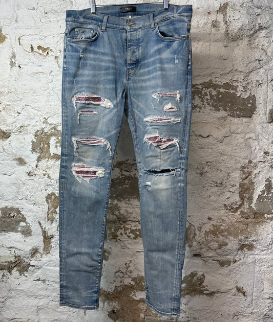 Amiri MX1 Pink Crystal Patch Blue Denim Jeans Sz 38