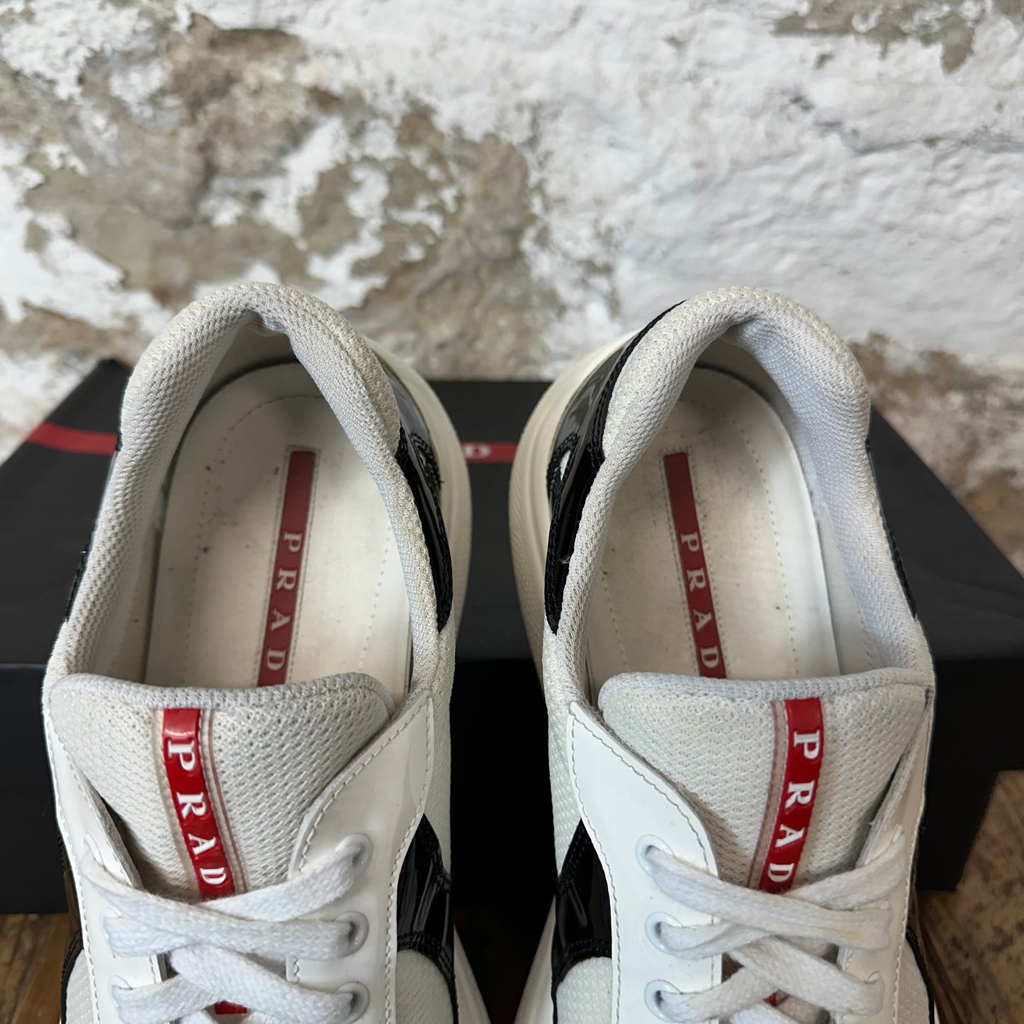 Prada Americas Black Patent Cream White Sneaker Sz 8