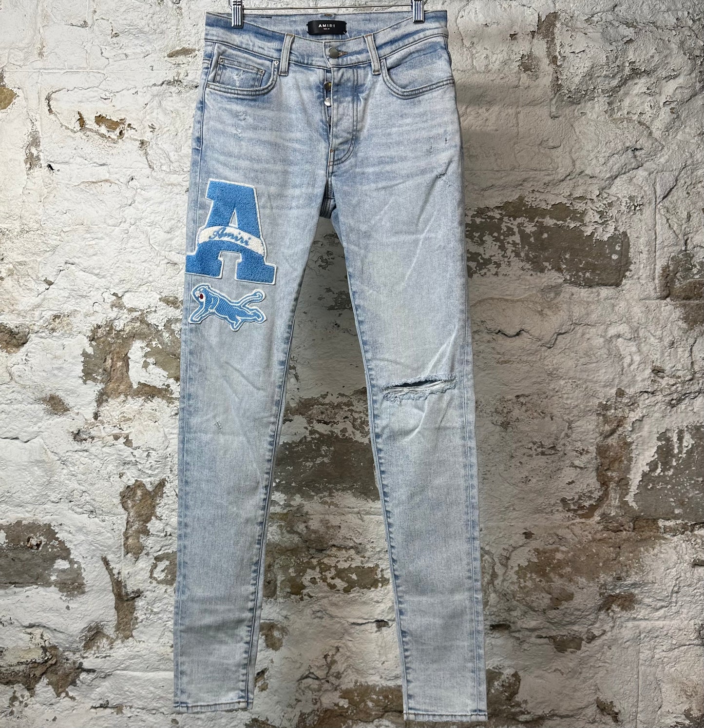 Amiri Blue Varsity Patch Washed Blue Denim Jeans Sz 29