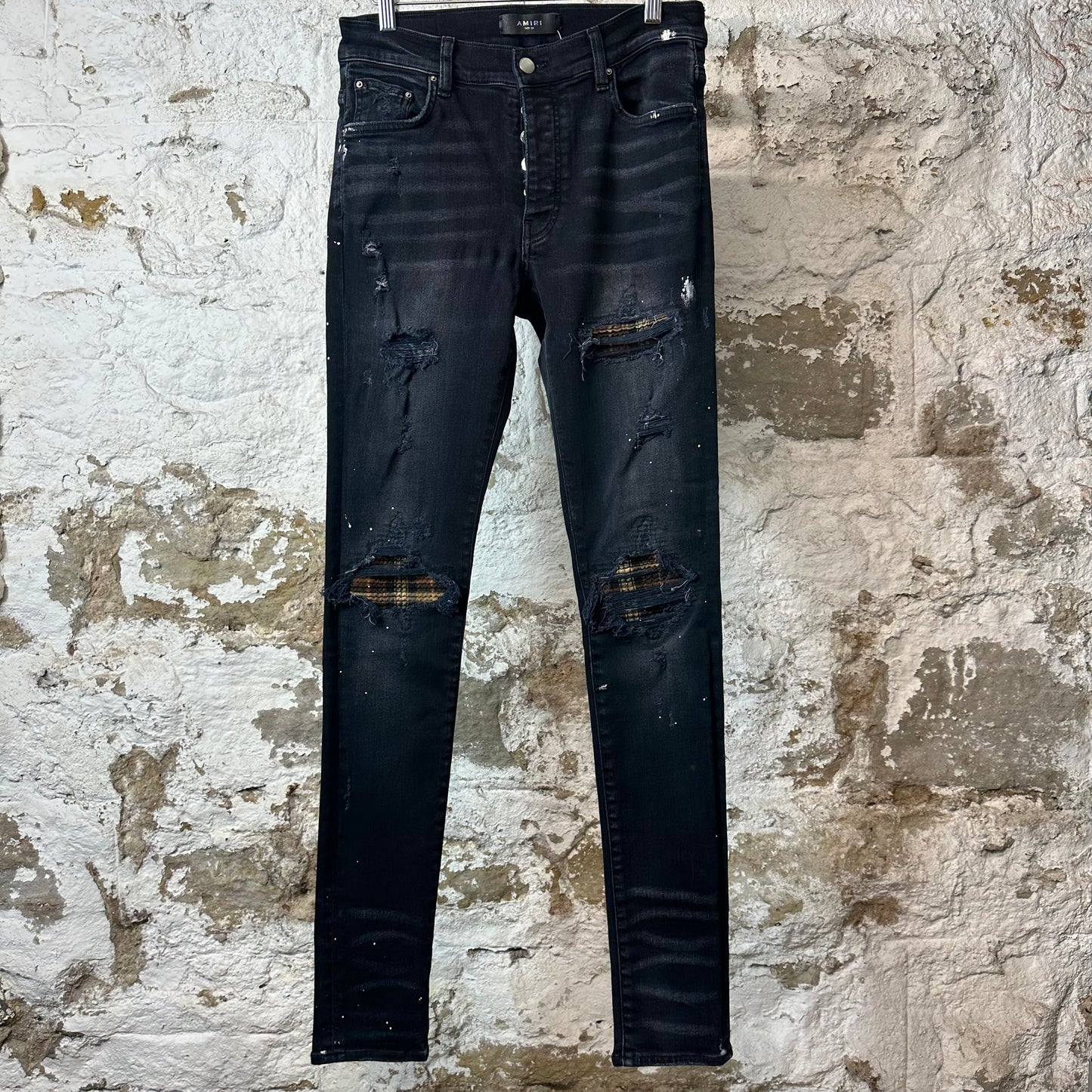 Amiri MX1 Brown Plaid Flannel Black Denim Jeans Sz 29