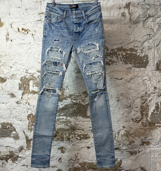 Amiri MX1 Indigo Paisley Blue Denim Jeans Sz 28