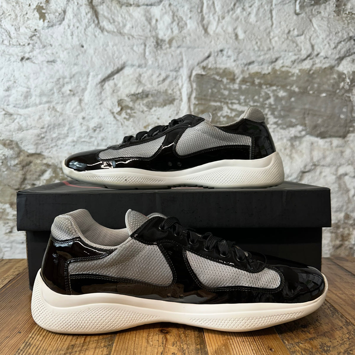 Prada Americas Cup Black Patent Grey White Sneaker Sz 10.5