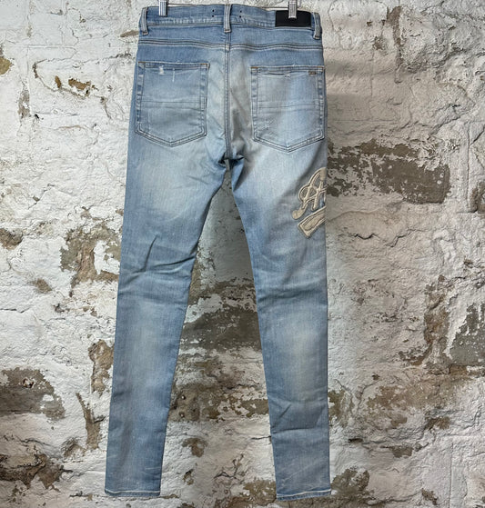Amiri Varsity 22 Patch Blue Denim Jeans Sz 31