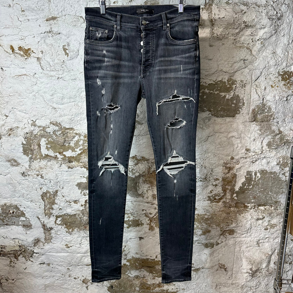 Amiri MX1 Black Leather Grey Denim Jeans Sz 33