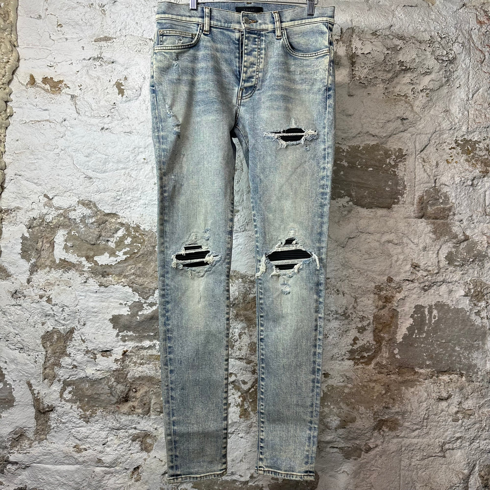 Amiri MX1 Black Leather Washed Blue Denim Jeans Sz 32