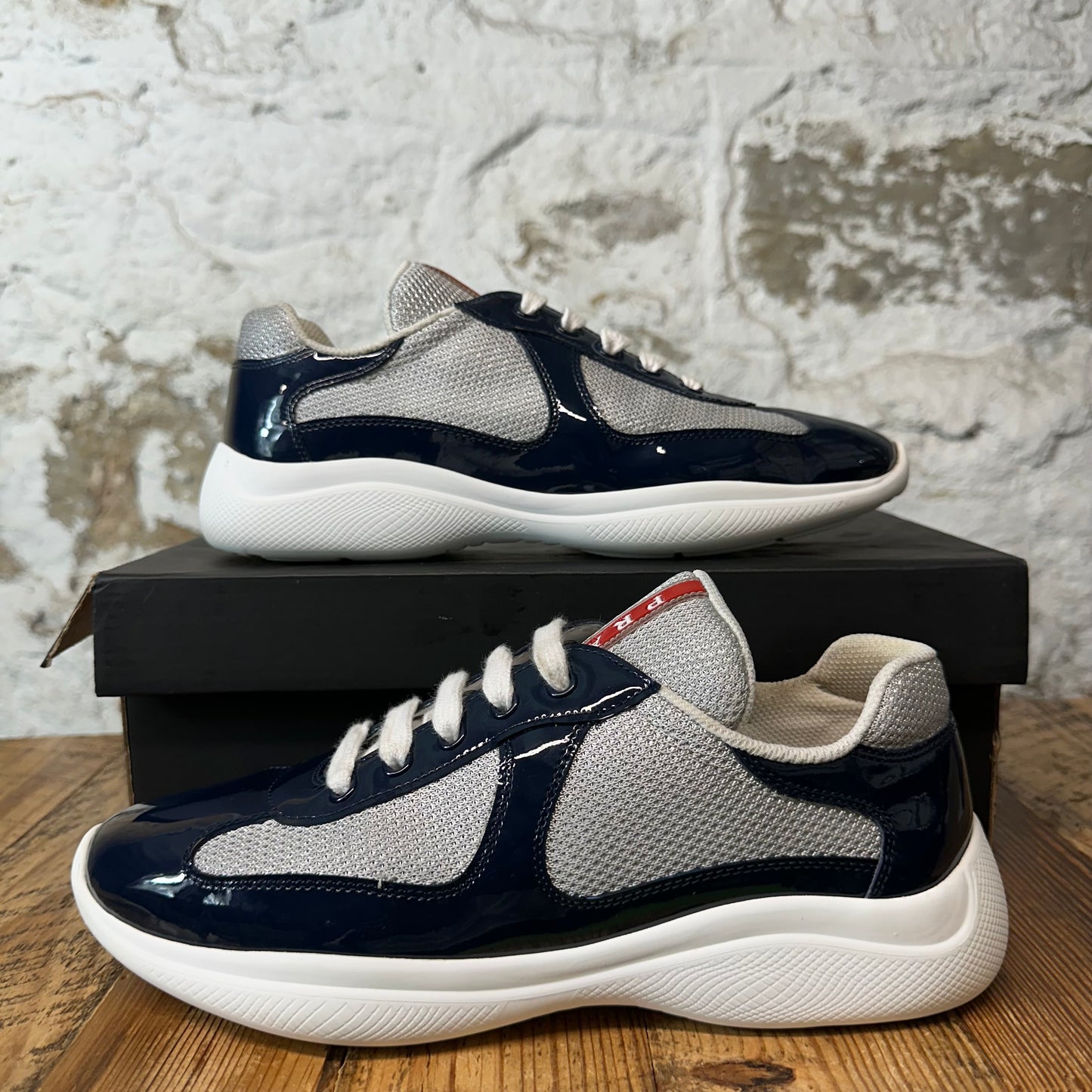 Prada Americas Cup Navy Patent Grey White Sneaker Sz 6 (38.5)