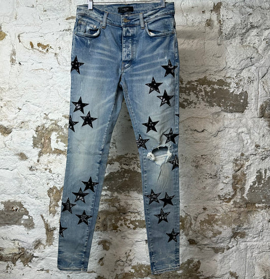 Amiri Black Paisley Star Blue Denim Jeans Sz 30