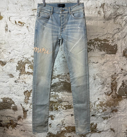 Amiri Script Logo Lightwash Blue Denim Jeans Sz 29