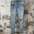 Amiri Knee Rip Paint Drip Spell Blue Denim Jeans Sz 33