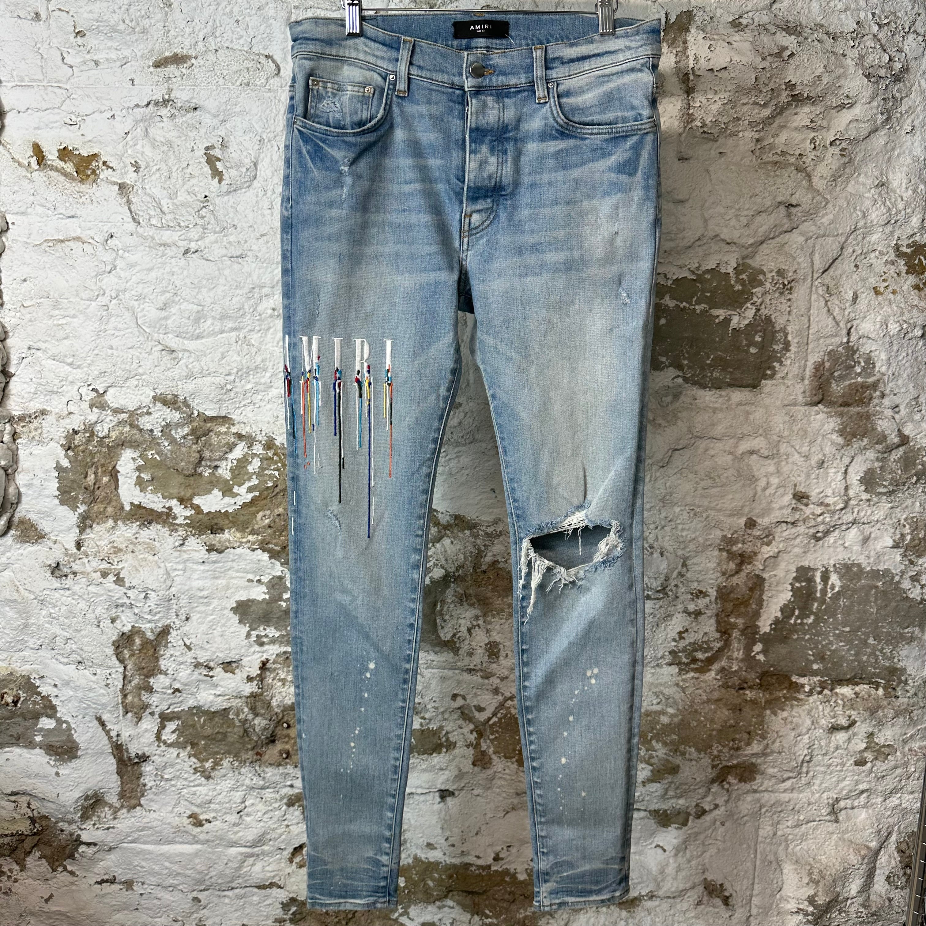Amiri Knee Rip Paint Drip Spell Blue Denim Jeans Sz 33