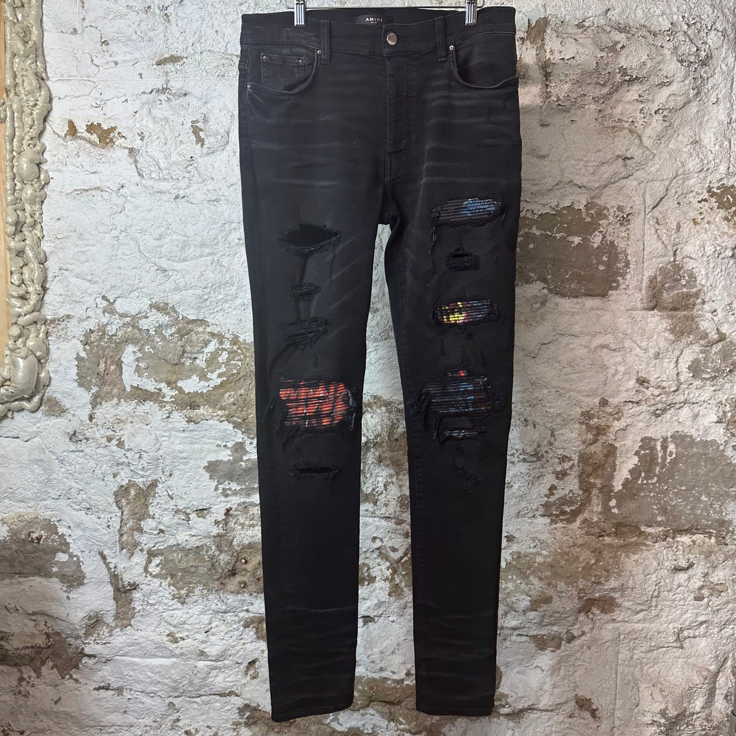 Amiri MX1 Multicolor Patch Black Denim Jeans Sz 34