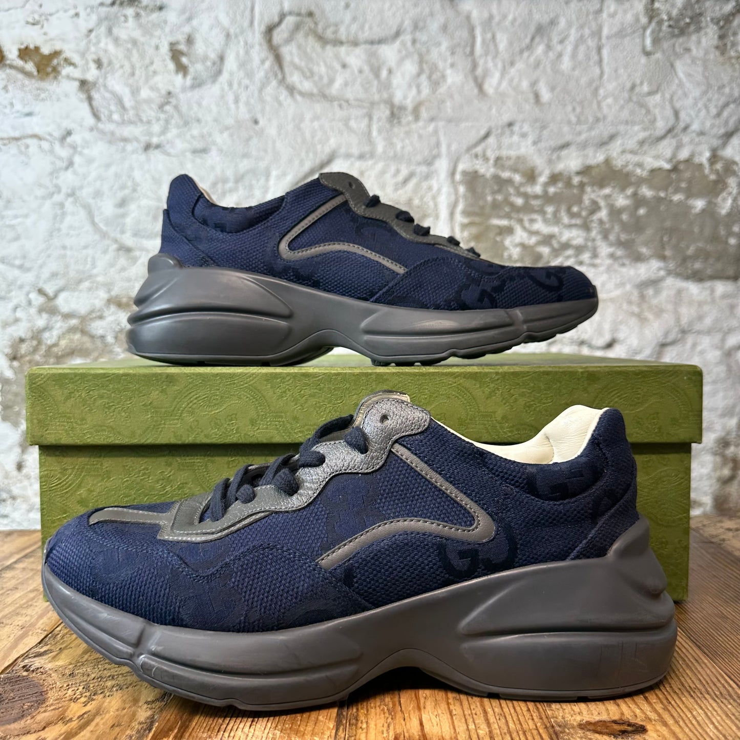 Gucci Rhyton Navy GG Monogram Grey Sneaker Sz 7.5