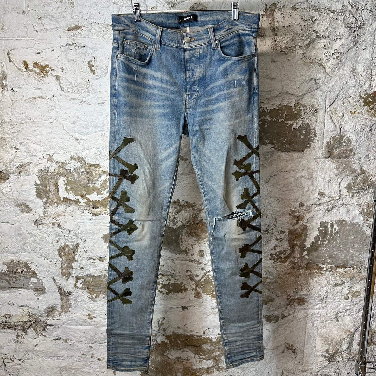 Amiri Green Camo Bones Blue Denim Jeans Sz 33