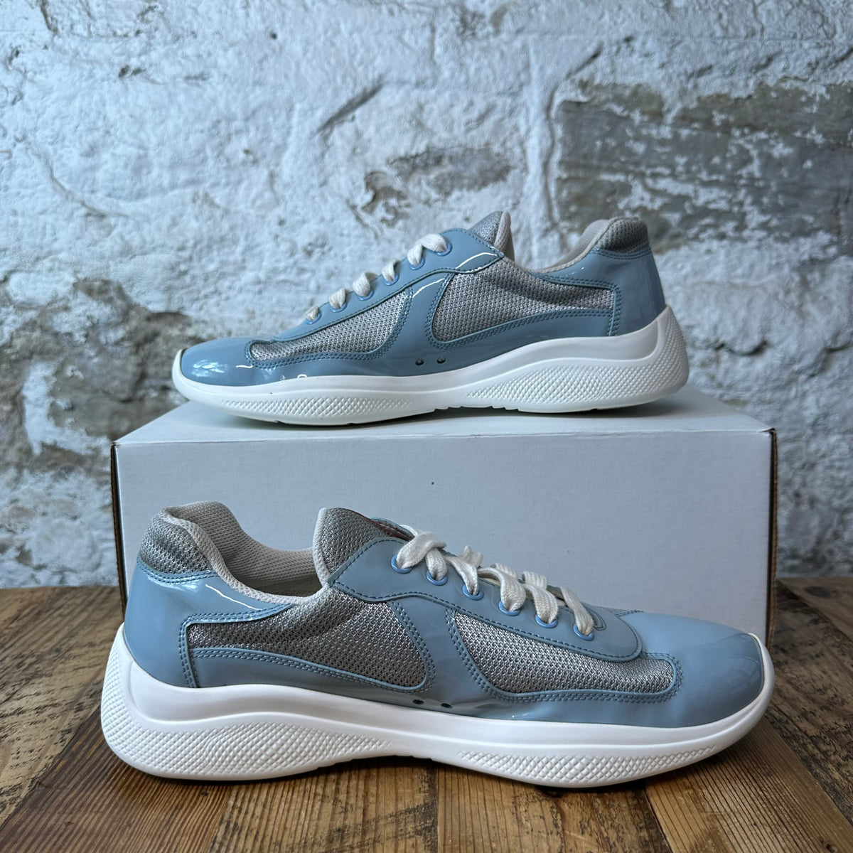 Prada Americas Cup Light Blue Patent Grey White Sneaker Sz 8