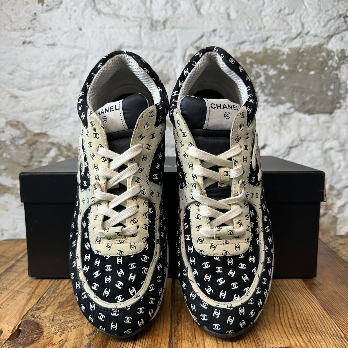 Chanel CC Embossed Beige Black Trainer Sneaker Sz 12 (45)
