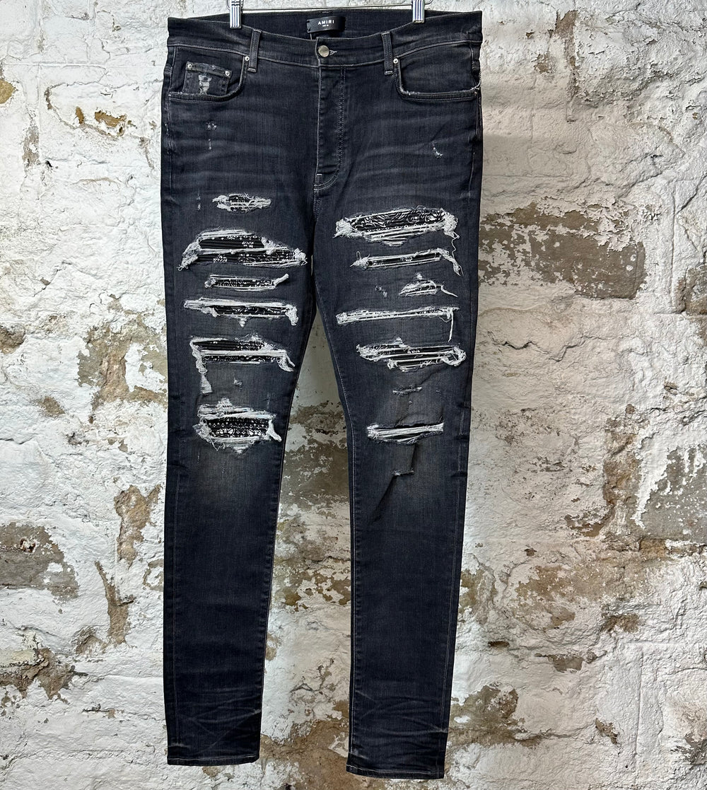 Amiri MX1 Black Paisley Grey Denim Jeans Sz 36