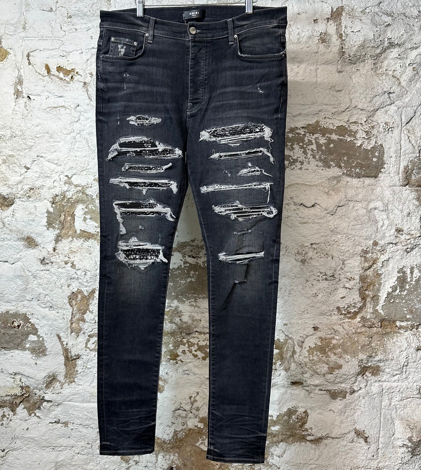 Amiri MX1 Black Paisley Grey Denim Jeans Sz 36