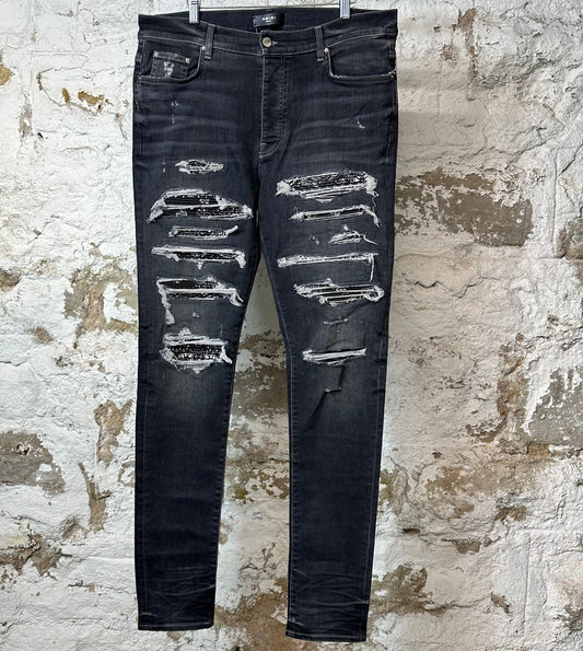 Amiri MX1 Black Paisley Grey Denim Jeans Sz 36
