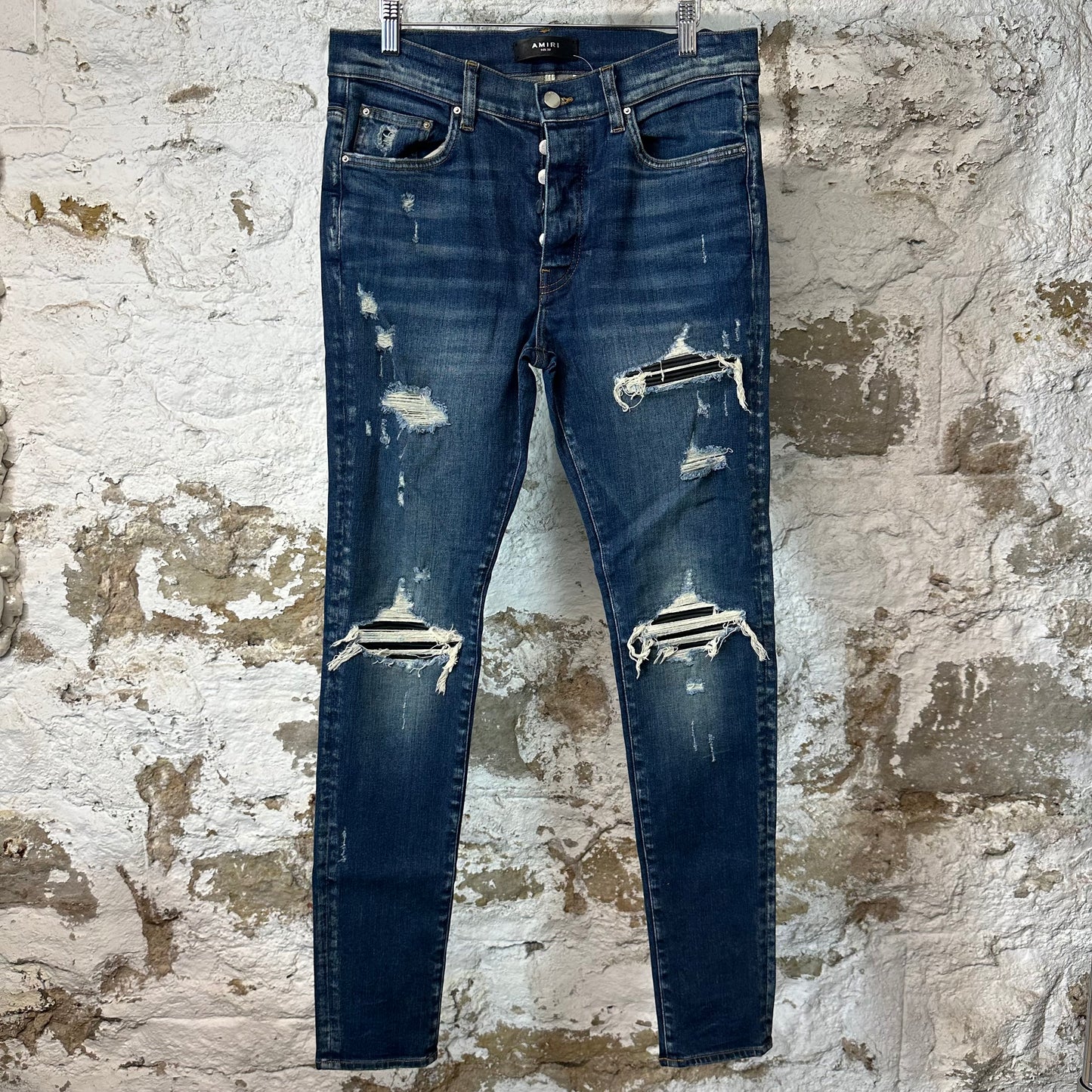Amiri MX1 Black Leather Dark Blue Denim Jeans Sz 33