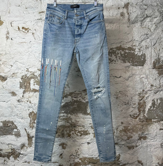 Amiri Paint Drip Spell Blue Denim Jeans Sz 31