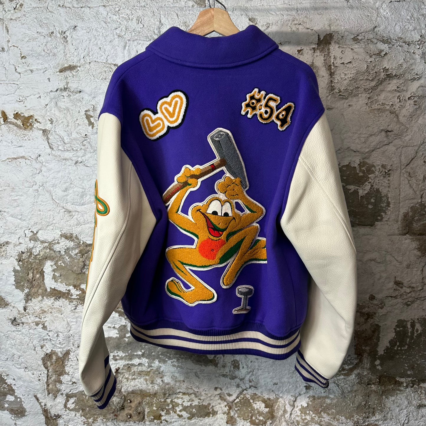 Louis Vuitton Purple White Frog Leather Wool Varsity Jacket Sz XL (52)