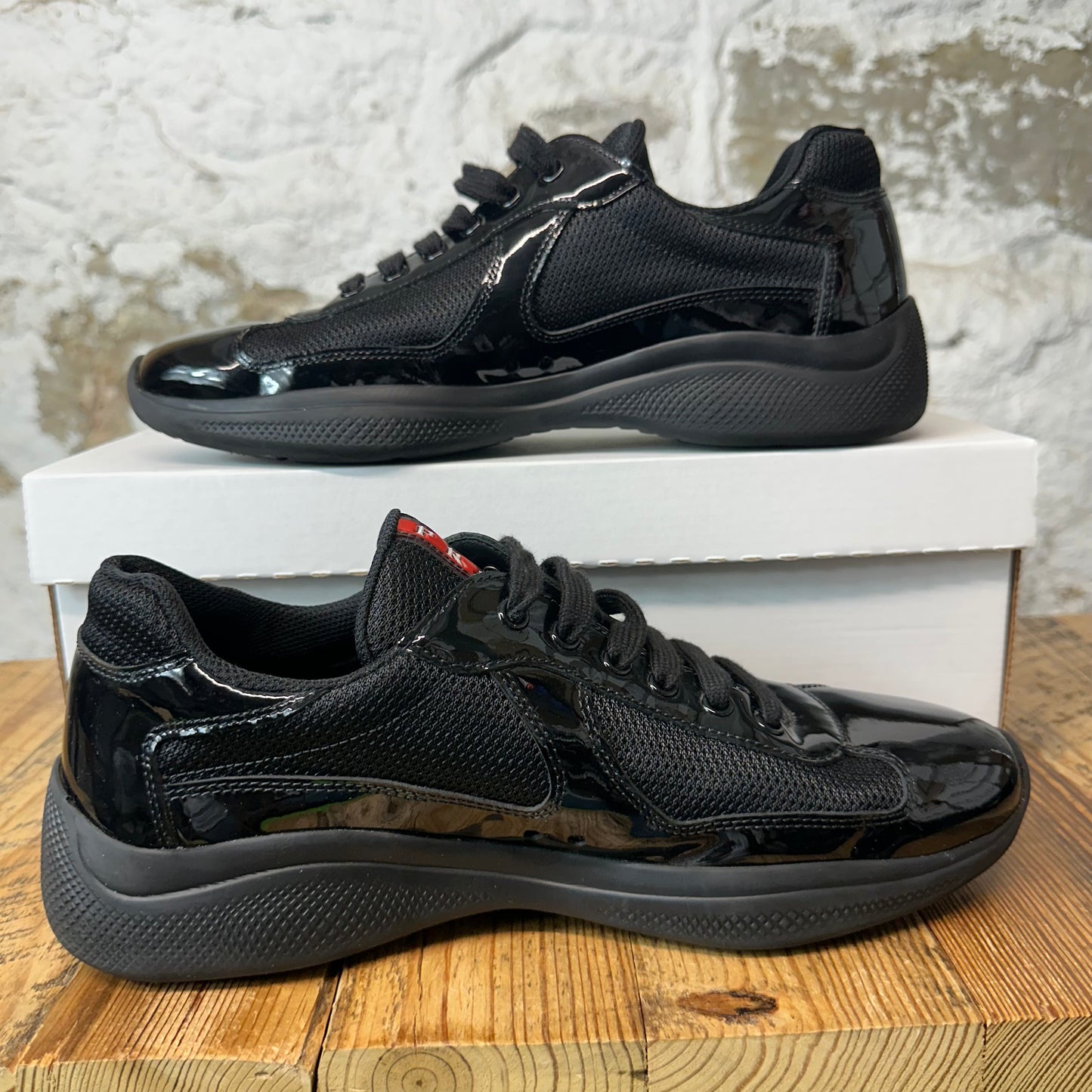 Prada Americas Cup Triple Black Patent Sneaker Sz 8