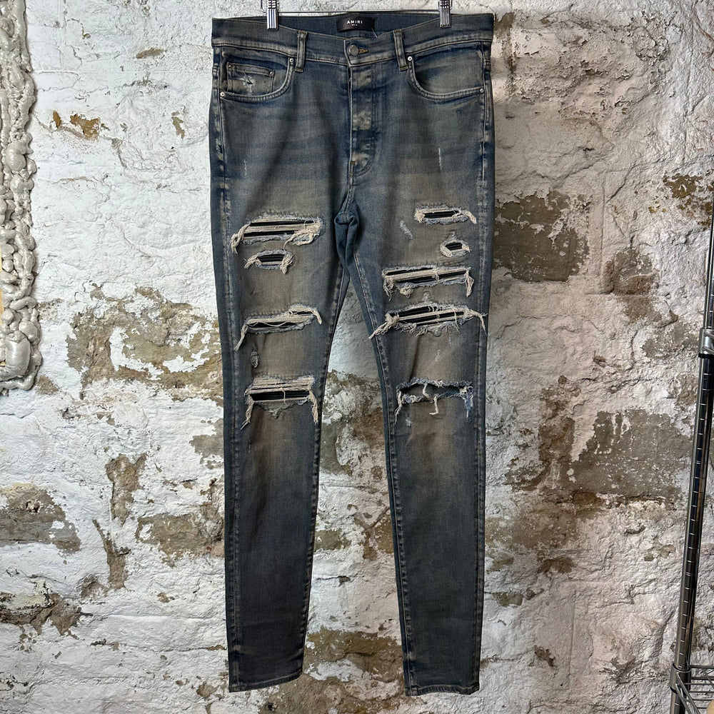 Amiri MX1 Black Leather Thrasher Dirty Blue Denim Jeans Sz 36