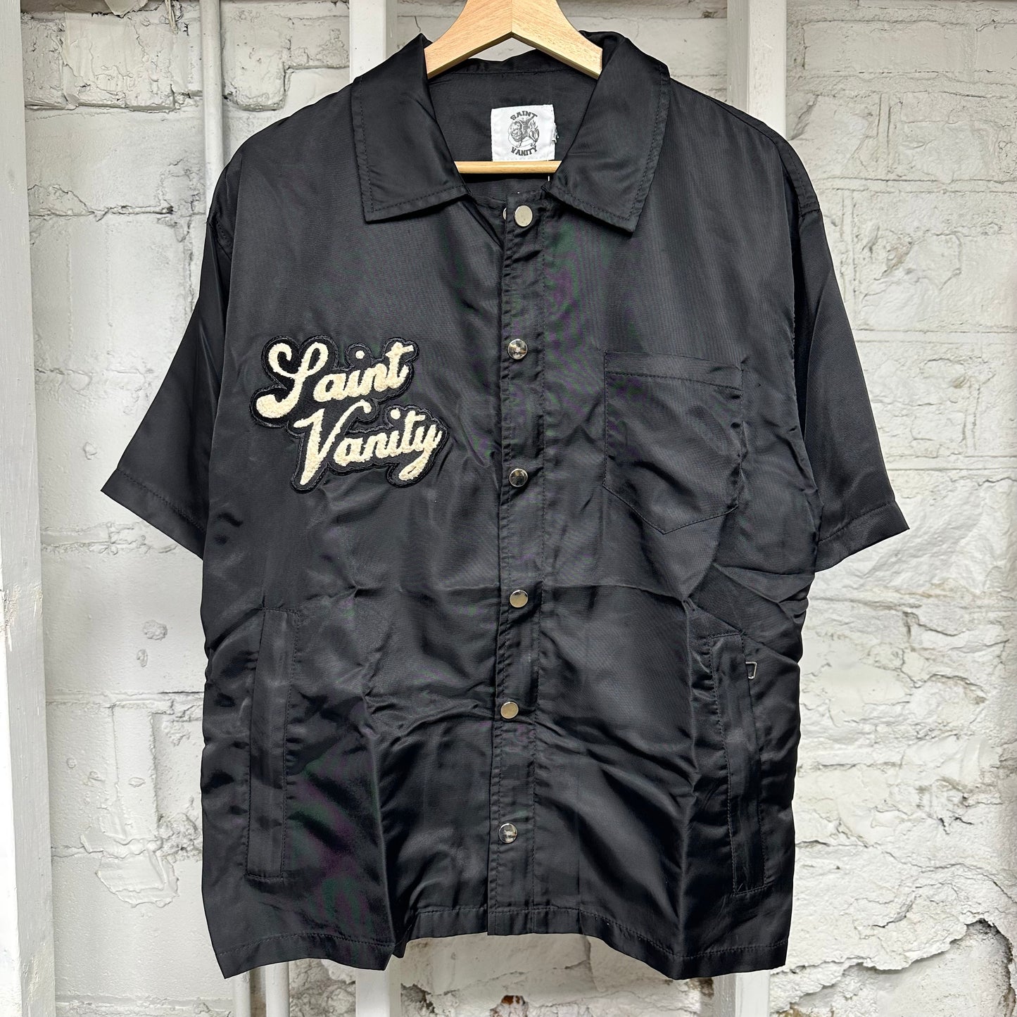 Saint Vanity Black Nylon Button Up Shirt Sz M