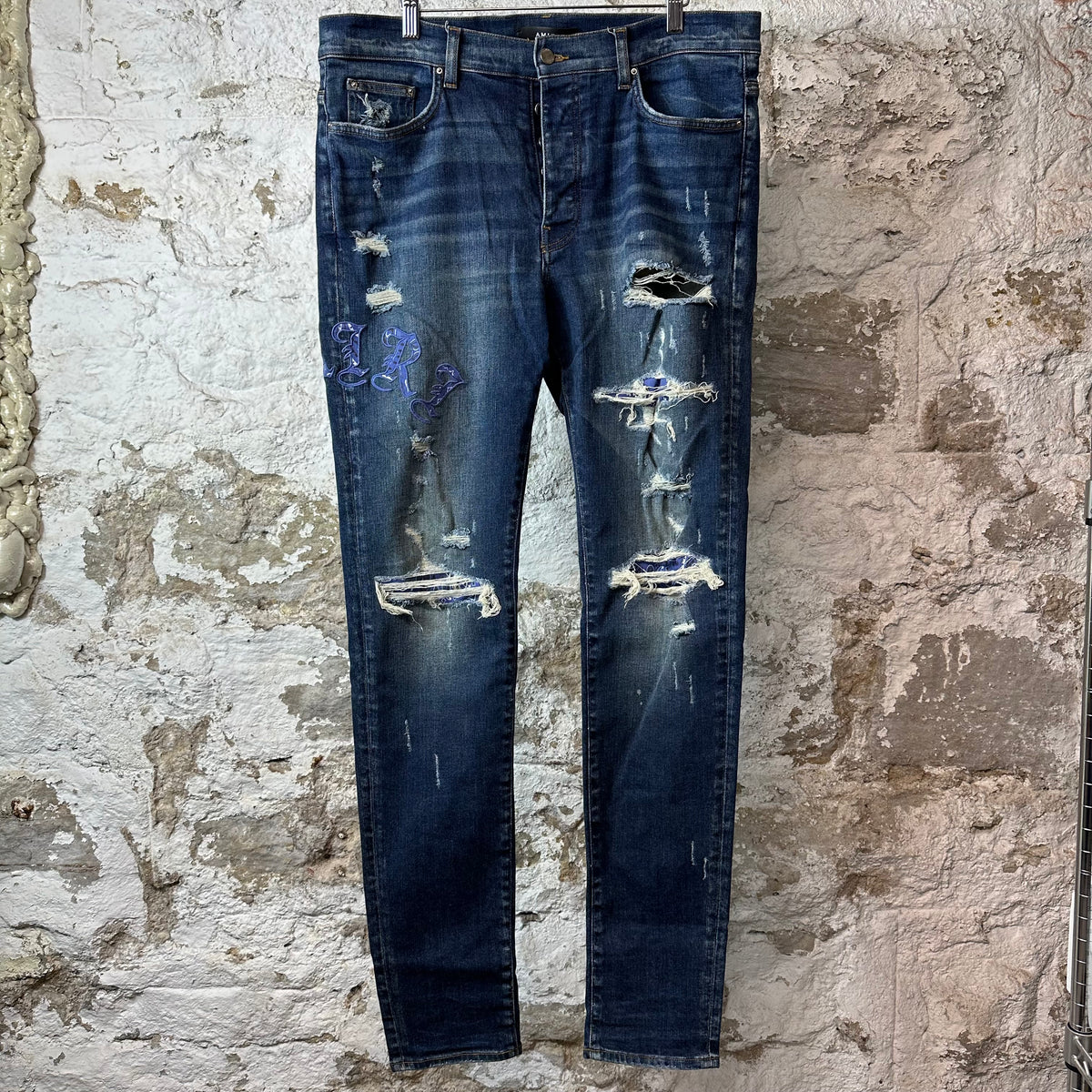 Amiri Purple Old English Spell Dark Blue Denim Jeans Sz 36