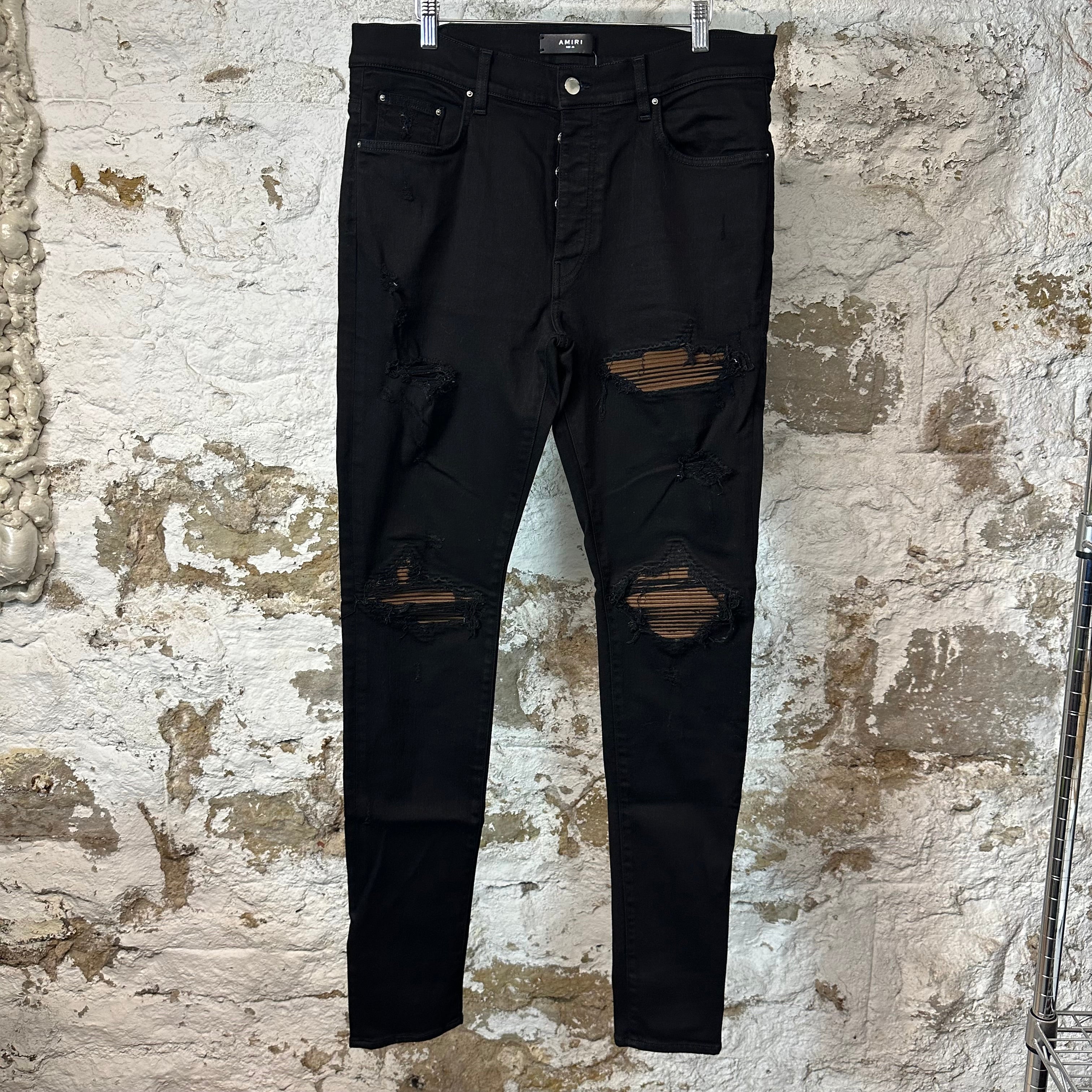 Amiri MX1 Brown Suede Black Denim Jeans Sz 36