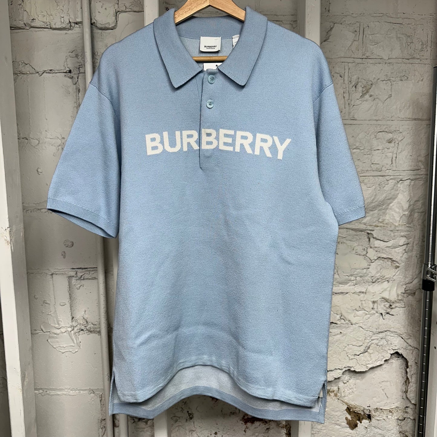 Burberry Spellout Light Blue Knit Polo Sz S