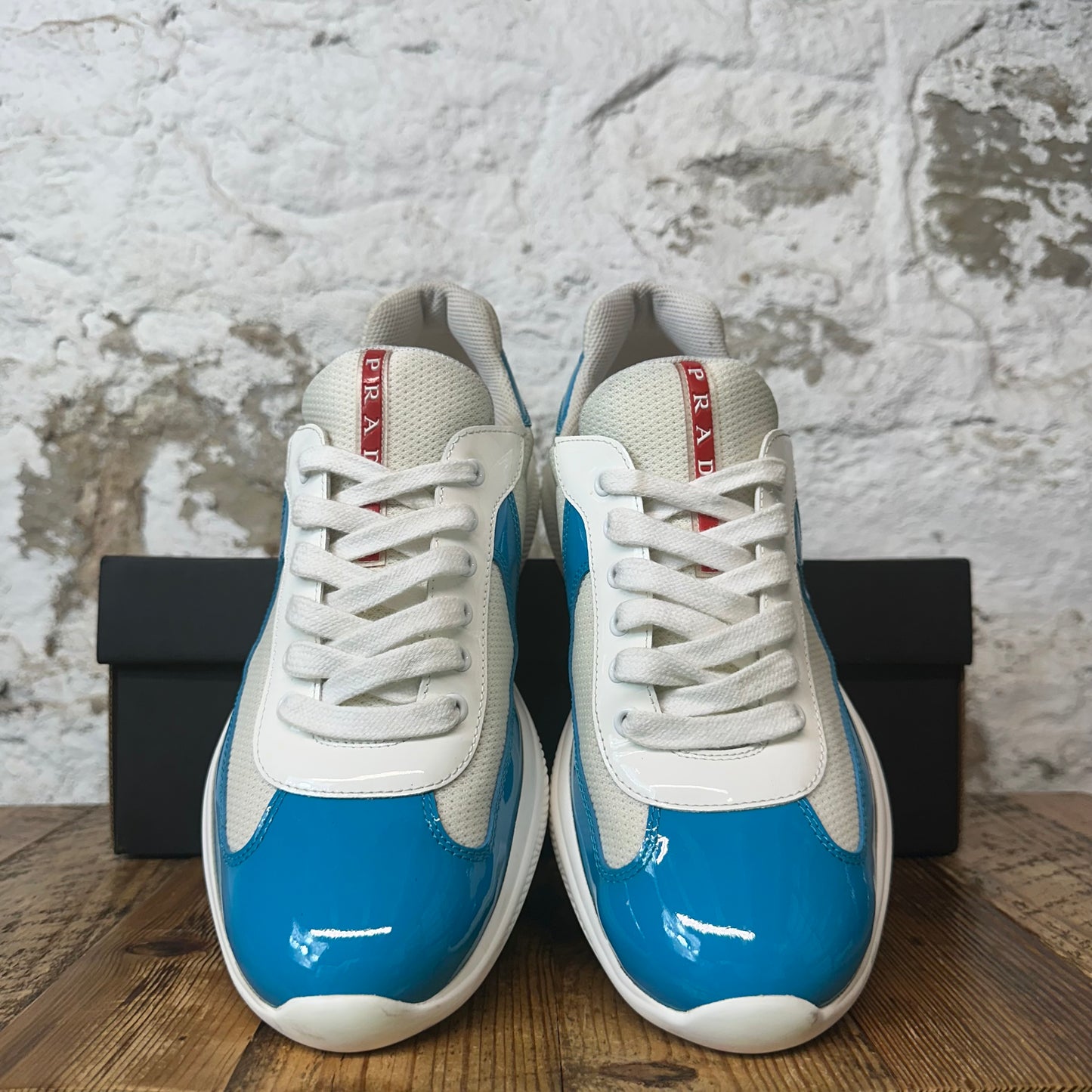 Prada Americas Cup Teal Patent Cream White Sneaker Sz 8.5
