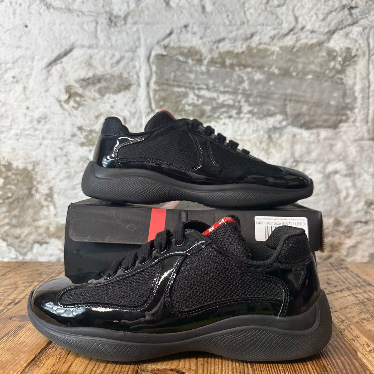 Prada Americas Cup Triple Black Patent Sneaker Sz 5 (37)
