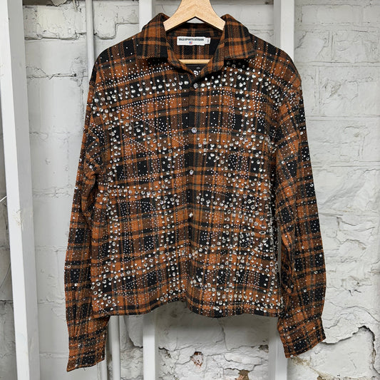 Vale Orange Black Plaid Rhinestone Flannel Sz M