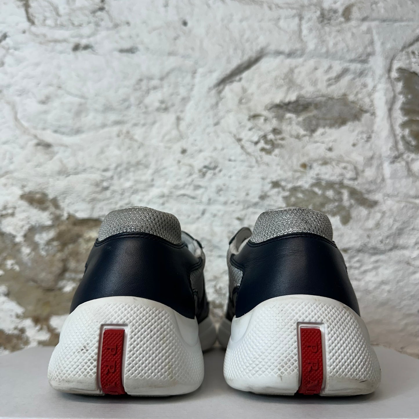 Prada Americas Cup Navy Leather Grey White Sneaker Sz 6.5 No Box