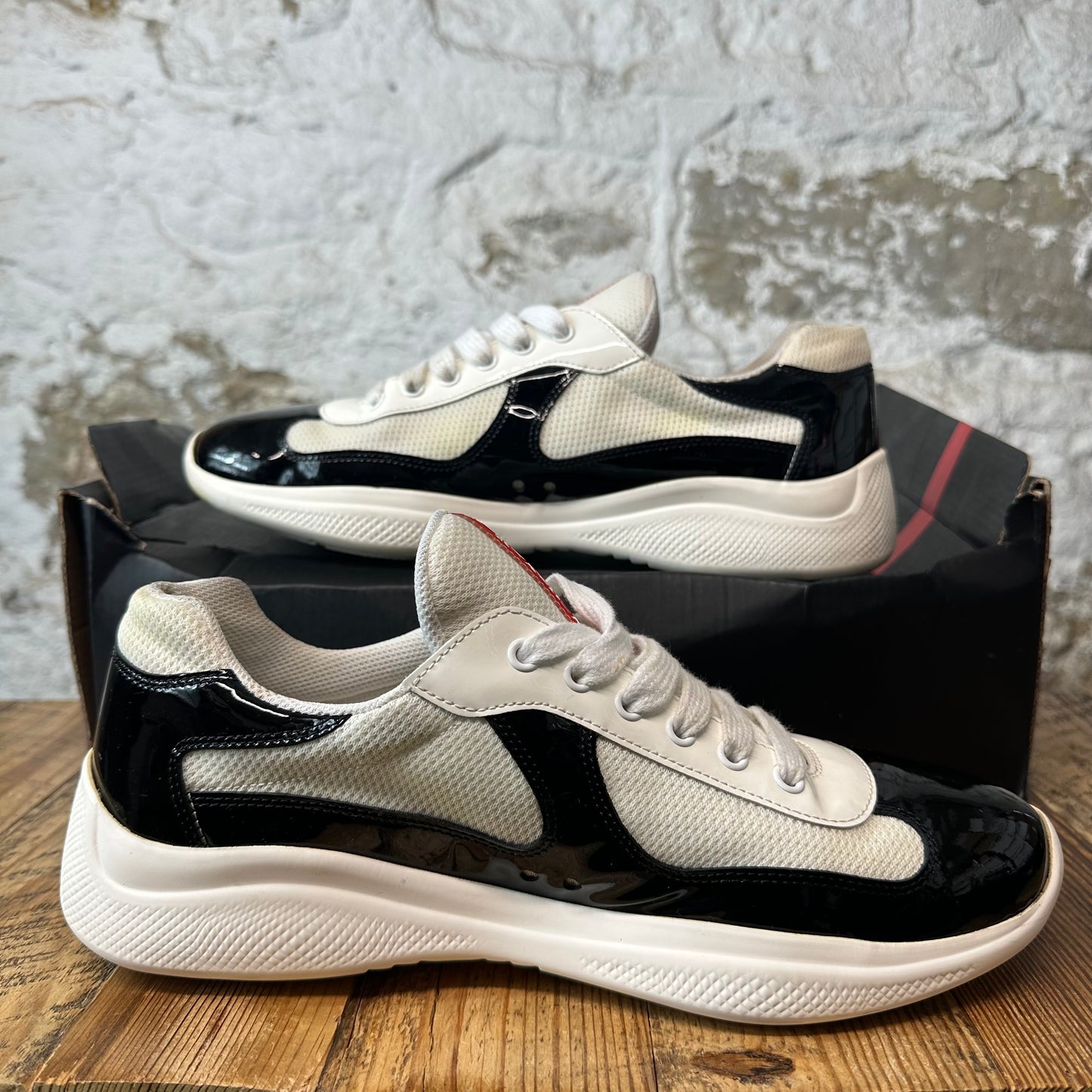 Prada Americas Cup Black Patent White Sneaker Sz 8.5