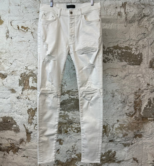 Amiri MX1 White Leather White Denim Jeans Sz 34