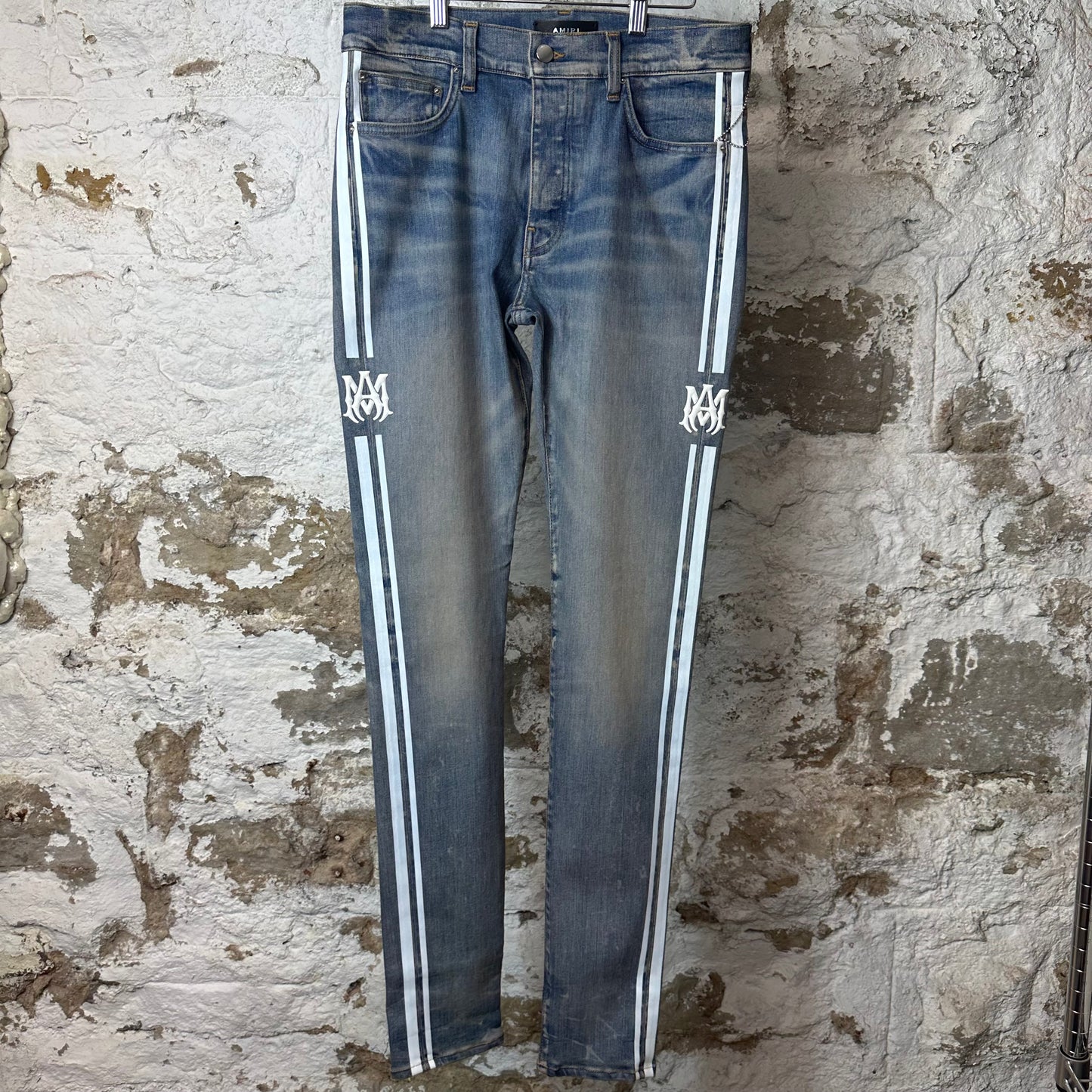 Amiri White MA Stripe Blue Denim Jeans Sz 32