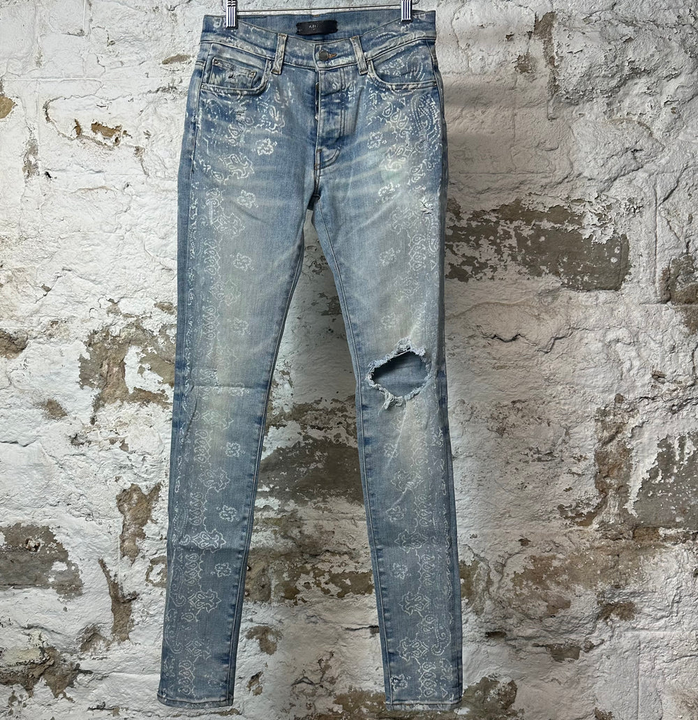 Amiri Knee Rip White Paisley Print Blue Denim Jeans Sz 28
